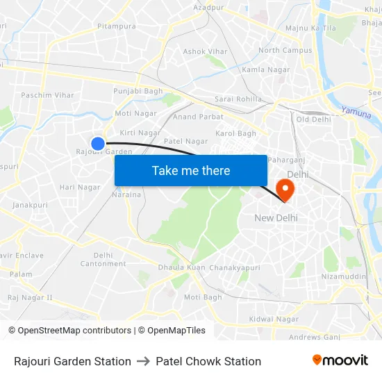Rajouri Garden Station to Patel Chowk Station map