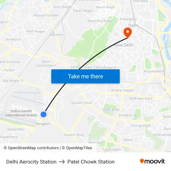 Delhi Aerocity Station to Patel Chowk Station map