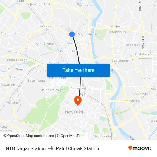 GTB Nagar Station to Patel Chowk Station map
