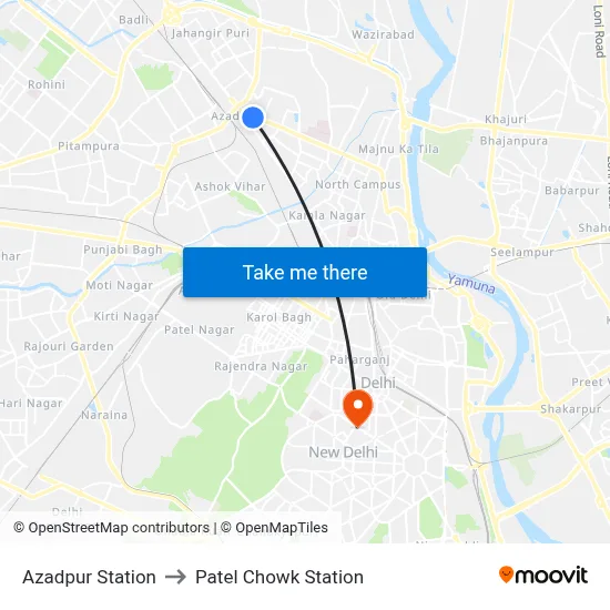 Azadpur Station to Patel Chowk Station map