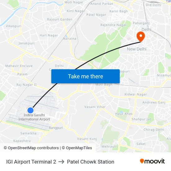 IGI Airport Terminal 2 to Patel Chowk Station map