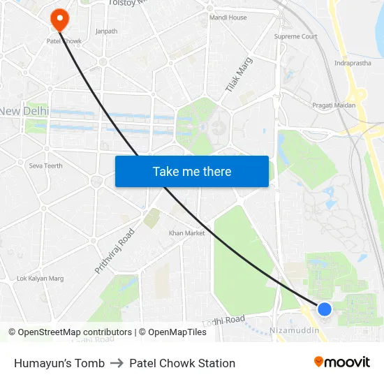 Humayun’s Tomb to Patel Chowk Station map