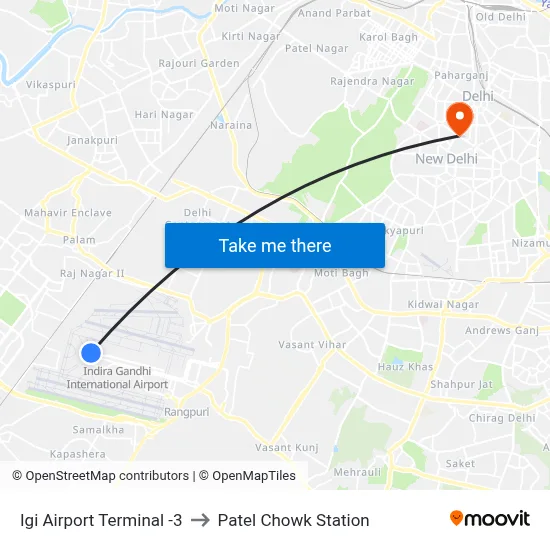 Igi Airport Terminal -3 to Patel Chowk Station map