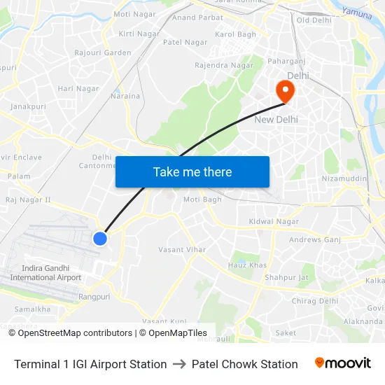 Terminal 1 IGI Airport Station to Patel Chowk Station map
