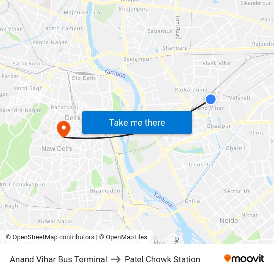 Anand Vihar Bus Terminal to Patel Chowk Station map