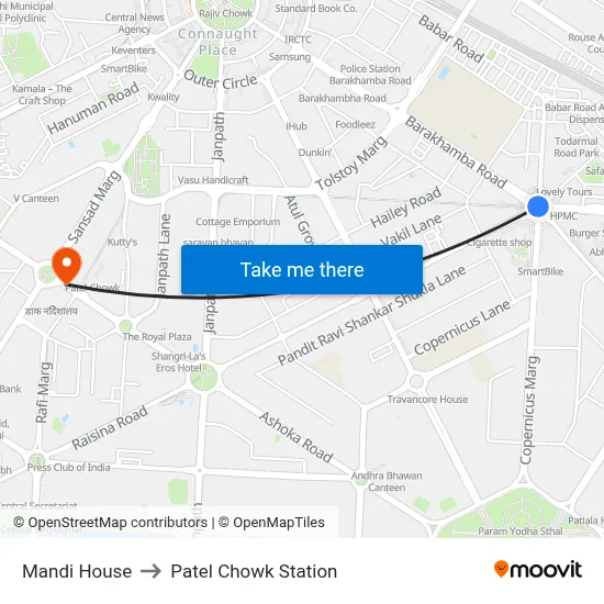 Mandi House to Patel Chowk Station map