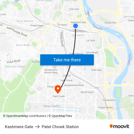 Kashmere Gate to Patel Chowk Station map