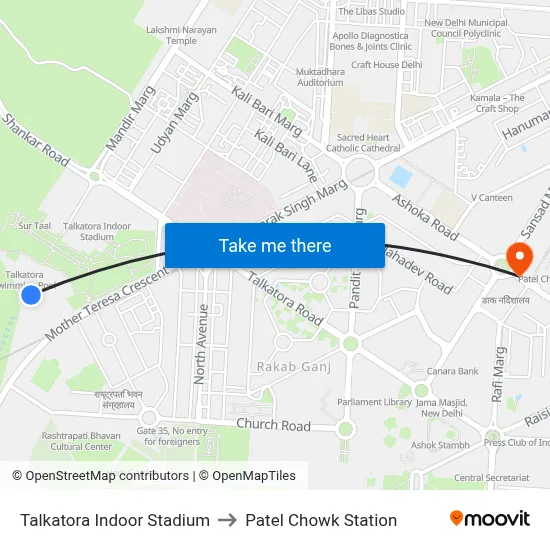 Talkatora Indoor Stadium to Patel Chowk Station map