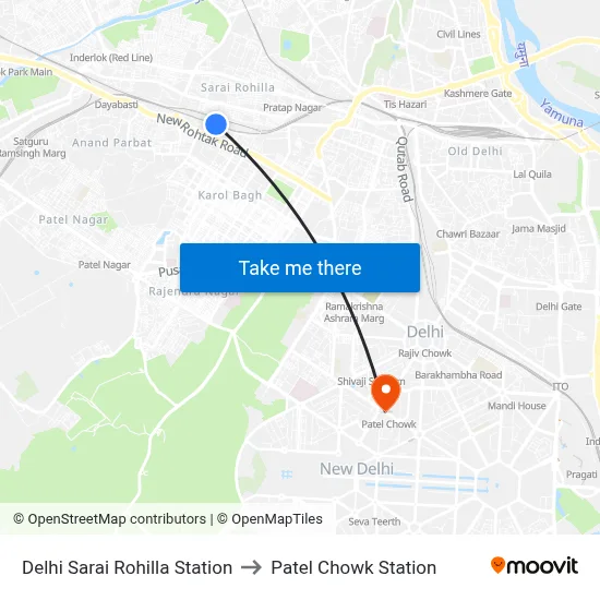 Delhi Sarai Rohilla Station to Patel Chowk Station map