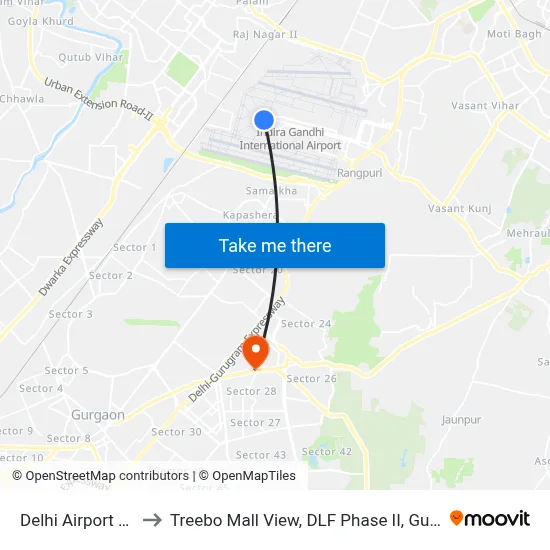 Delhi Airport DEL to Treebo Mall View, DLF Phase II, Gurgaon map