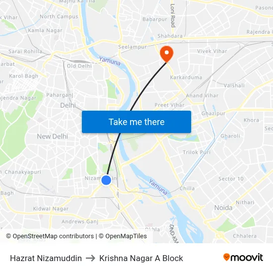 Hazrat Nizamuddin to Krishna Nagar A Block map