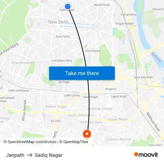 Janpath to Sadiq Nagar map
