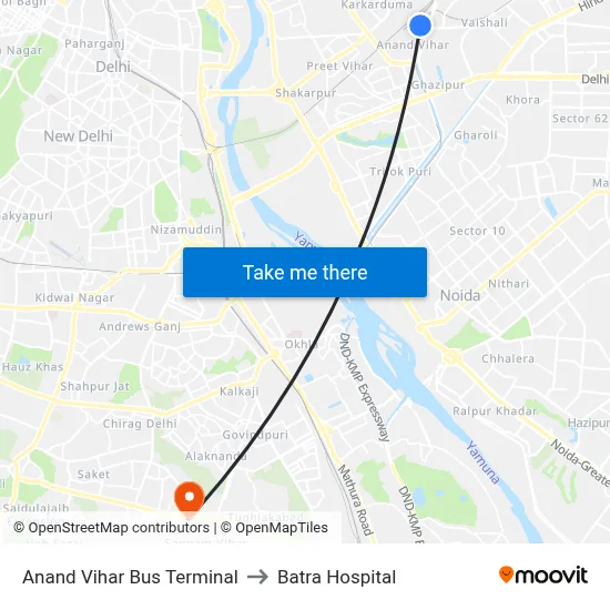 Anand Vihar Bus Terminal to Batra Hospital map