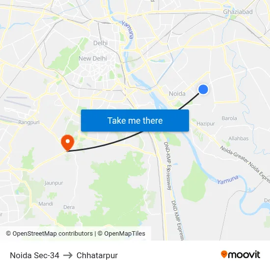 Noida Sec-34 to Chhatarpur map