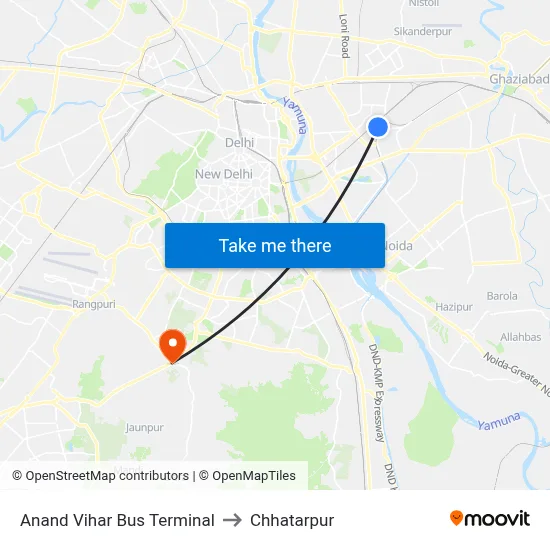 Anand Vihar Bus Terminal to Chhatarpur map