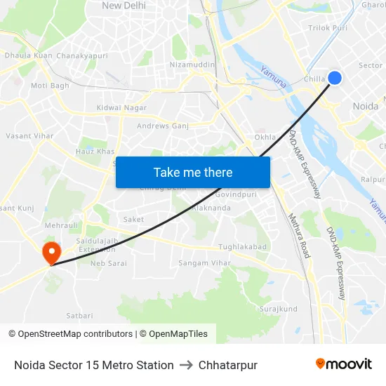 Noida Sector 15 Metro Station to Chhatarpur map
