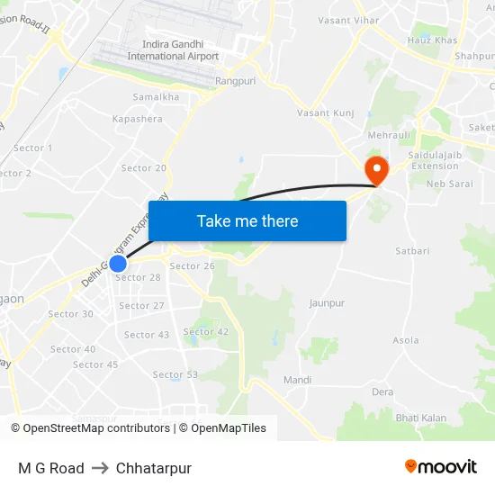 M G Road to Chhatarpur map