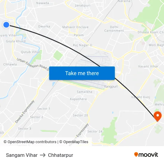 Sangam Vihar to Chhatarpur map