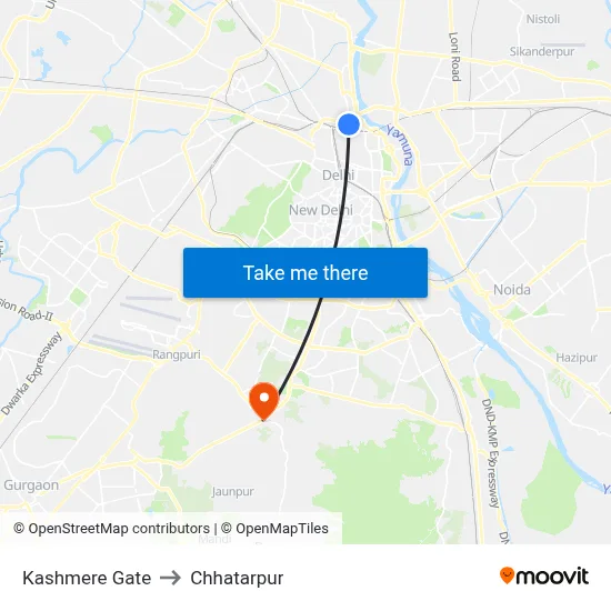 Kashmere Gate to Chhatarpur map