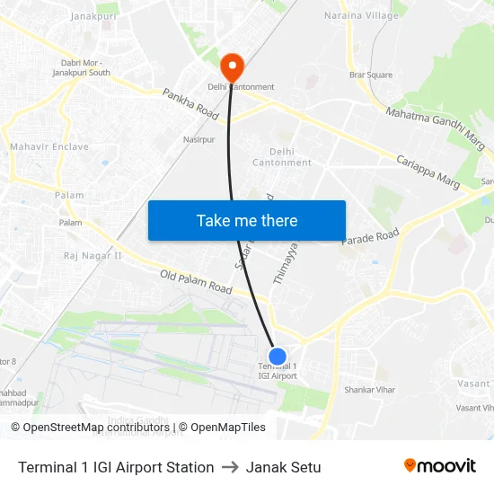 Terminal 1 IGI Airport Station to Janak Setu map