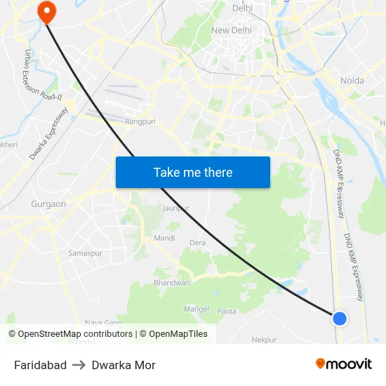 Faridabad to Dwarka Mor map
