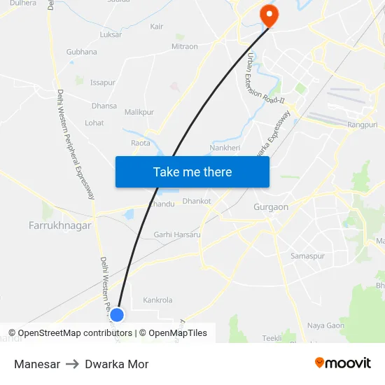Manesar to Dwarka Mor map