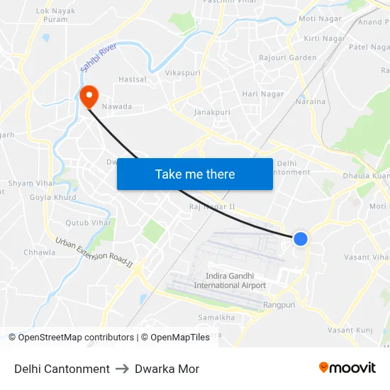 Delhi Cantonment to Dwarka Mor map