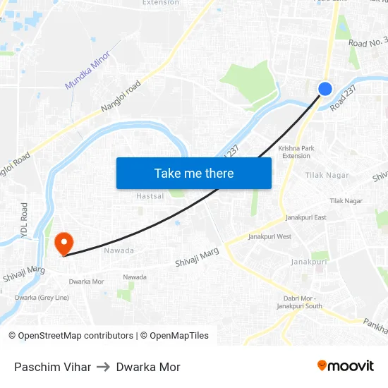 Paschim Vihar to Dwarka Mor map