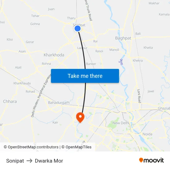 Sonipat to Dwarka Mor map