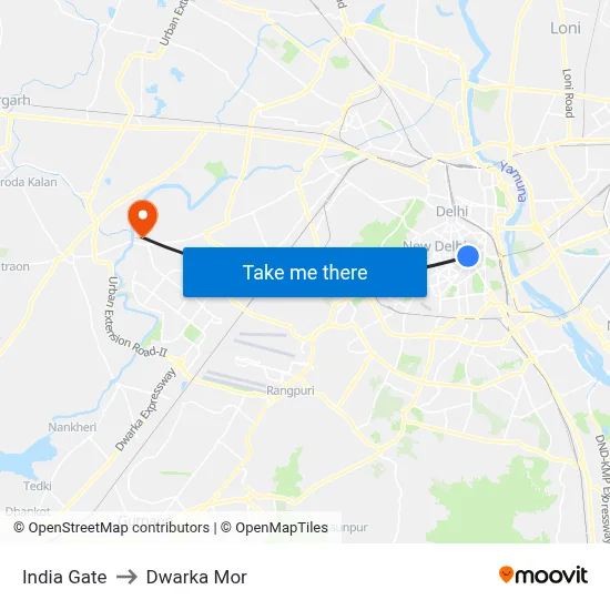 India Gate to Dwarka Mor map