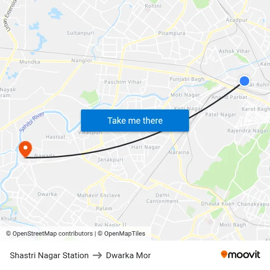 Shastri Nagar Station to Dwarka Mor map