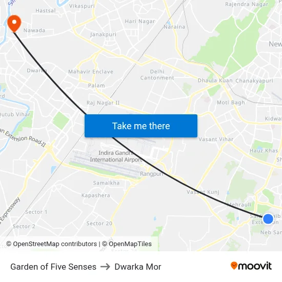 Garden of Five Senses to Dwarka Mor map