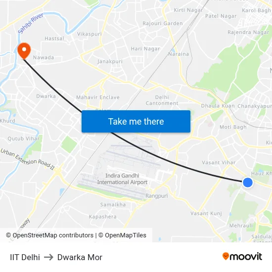 IIT Delhi to Dwarka Mor map