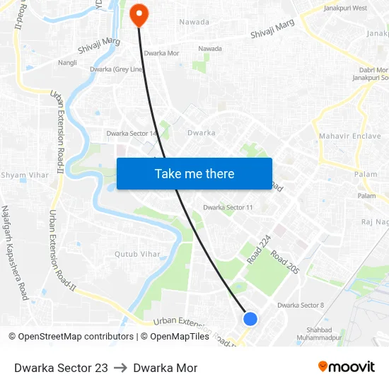 Dwarka Sector 23 to Dwarka Mor map