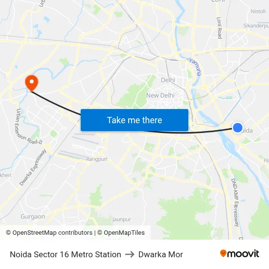 Noida Sector 16 Metro Station to Dwarka Mor map