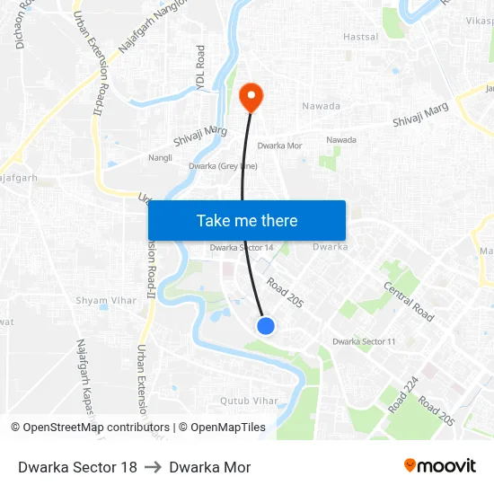 Dwarka Sector 18 to Dwarka Mor map