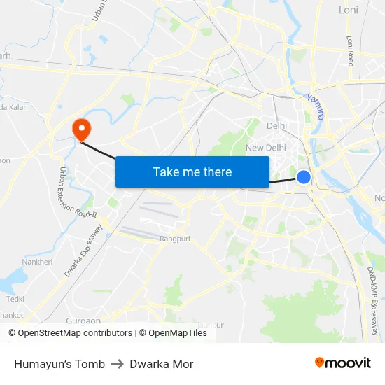Humayun’s Tomb to Dwarka Mor map