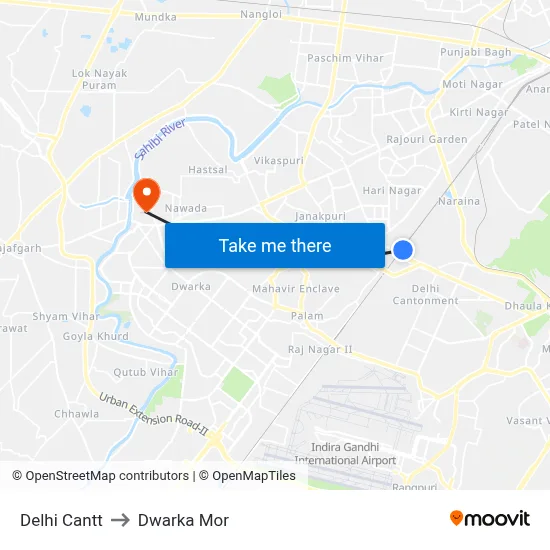 Delhi Cantt to Dwarka Mor map