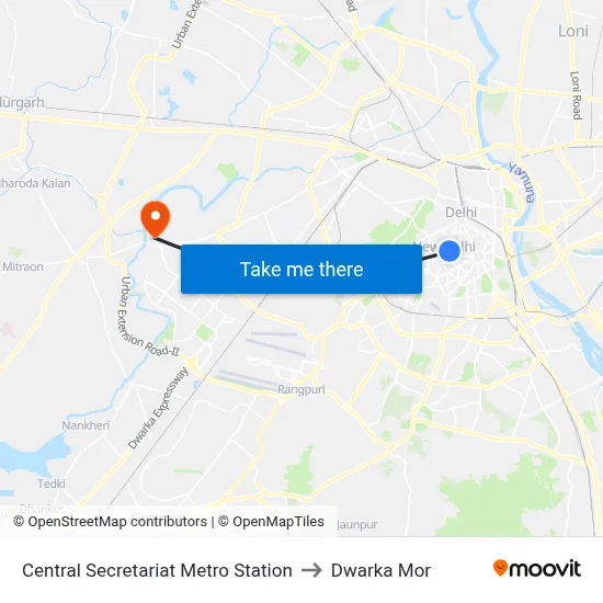 Central Secretariat Metro Station to Dwarka Mor map