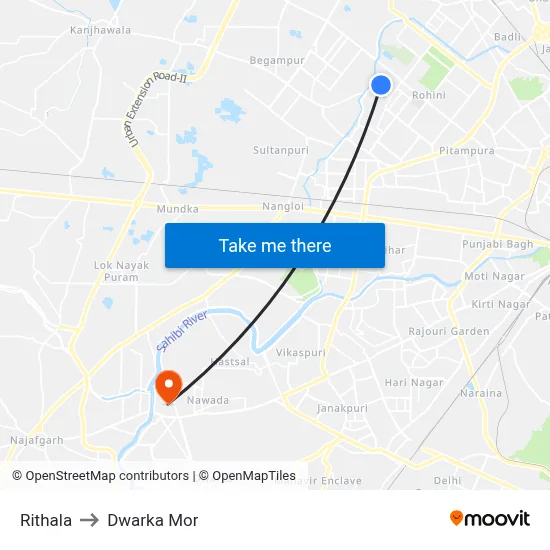 Rithala to Dwarka Mor map