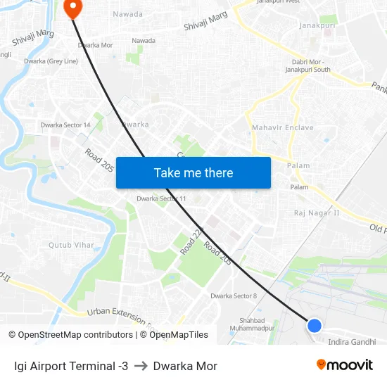 Igi Airport Terminal -3 to Dwarka Mor map