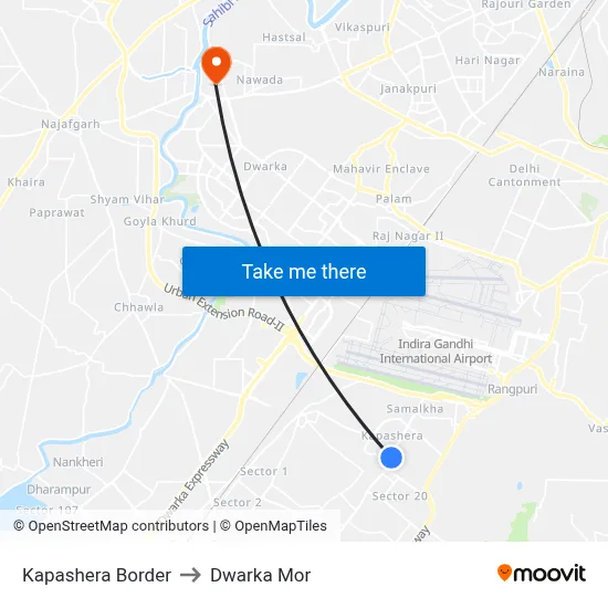 Kapashera Border to Dwarka Mor map