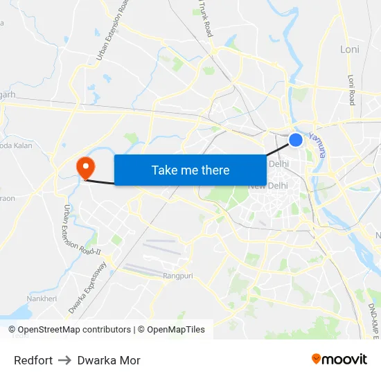 Redfort to Dwarka Mor map