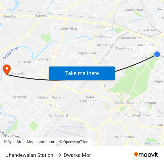 Jhandewalan Station to Dwarka Mor map