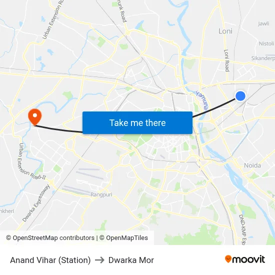 Anand Vihar (Station) to Dwarka Mor map