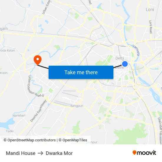 Mandi House to Dwarka Mor map