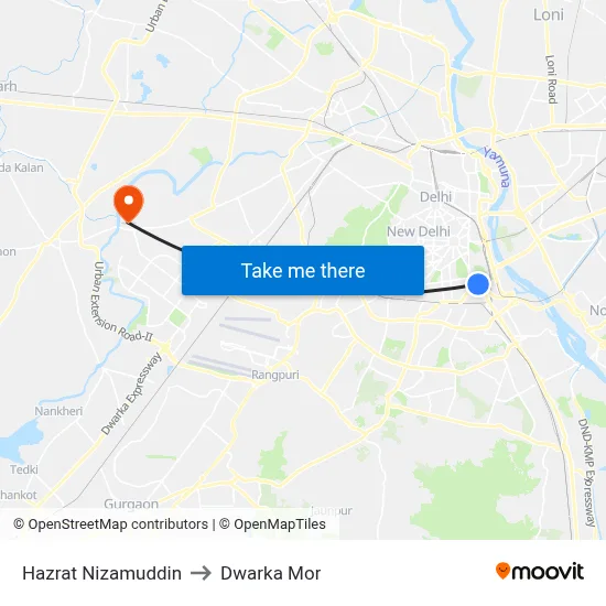 Hazrat Nizamuddin to Dwarka Mor map