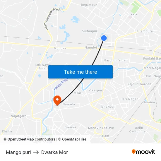 Mangolpuri to Dwarka Mor map