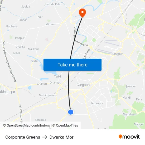 Corporate Greens to Dwarka Mor map