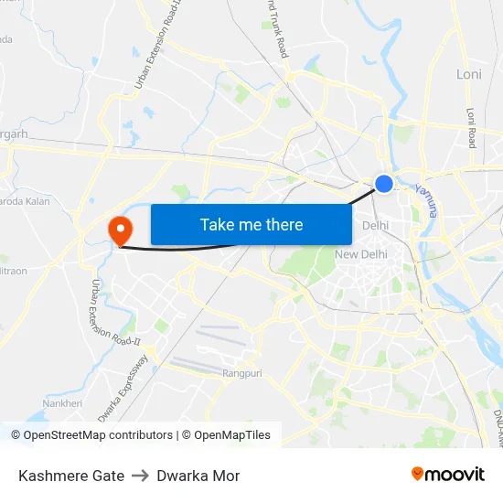 Kashmere Gate to Dwarka Mor map